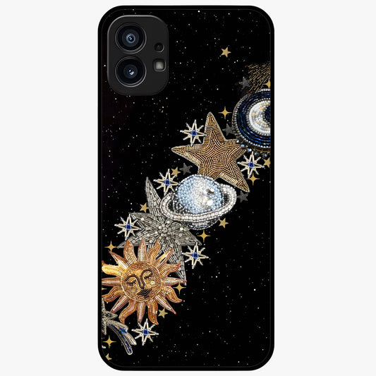 Pearls Universe Object Glass Case showing flat back view with pearl inspired cosmic artwork and glossy glass finish.
