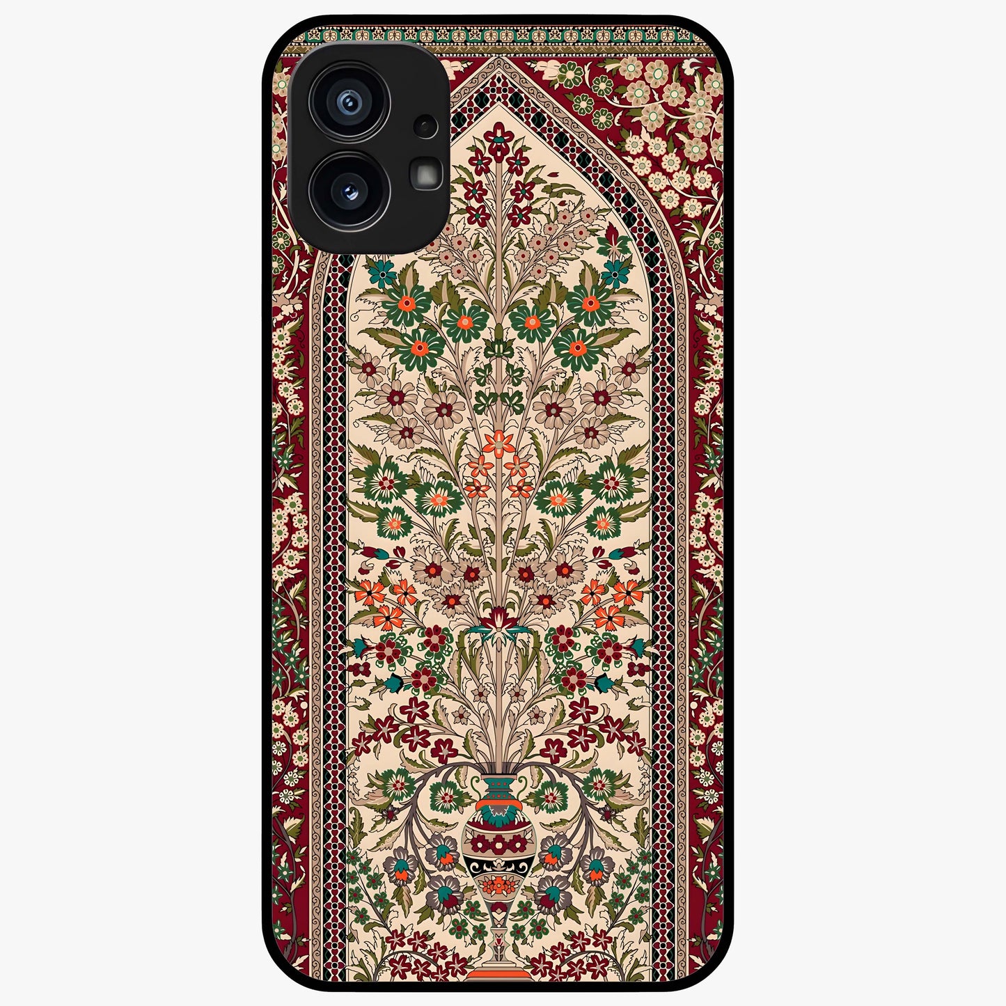 Persian Inspired Glass Case showing flat back view with ornate Persian style pattern artwork and glossy glass finish.