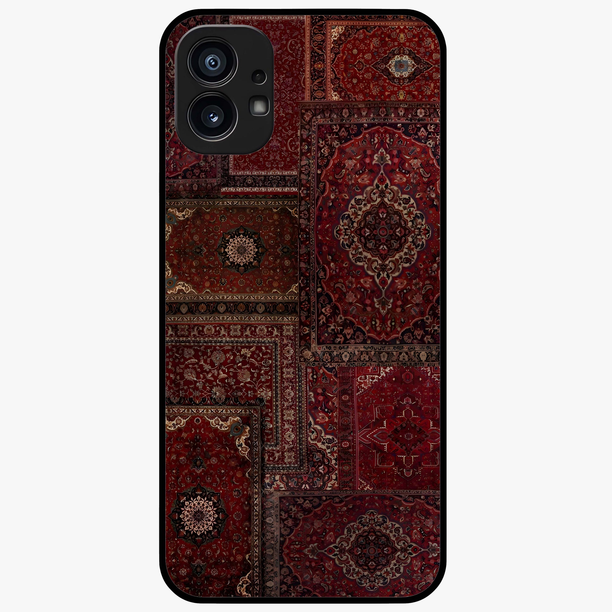 Persian Velvet Tale Glass Case showing flat back view with luxurious Persian velvet pattern artwork and glossy glass finish.