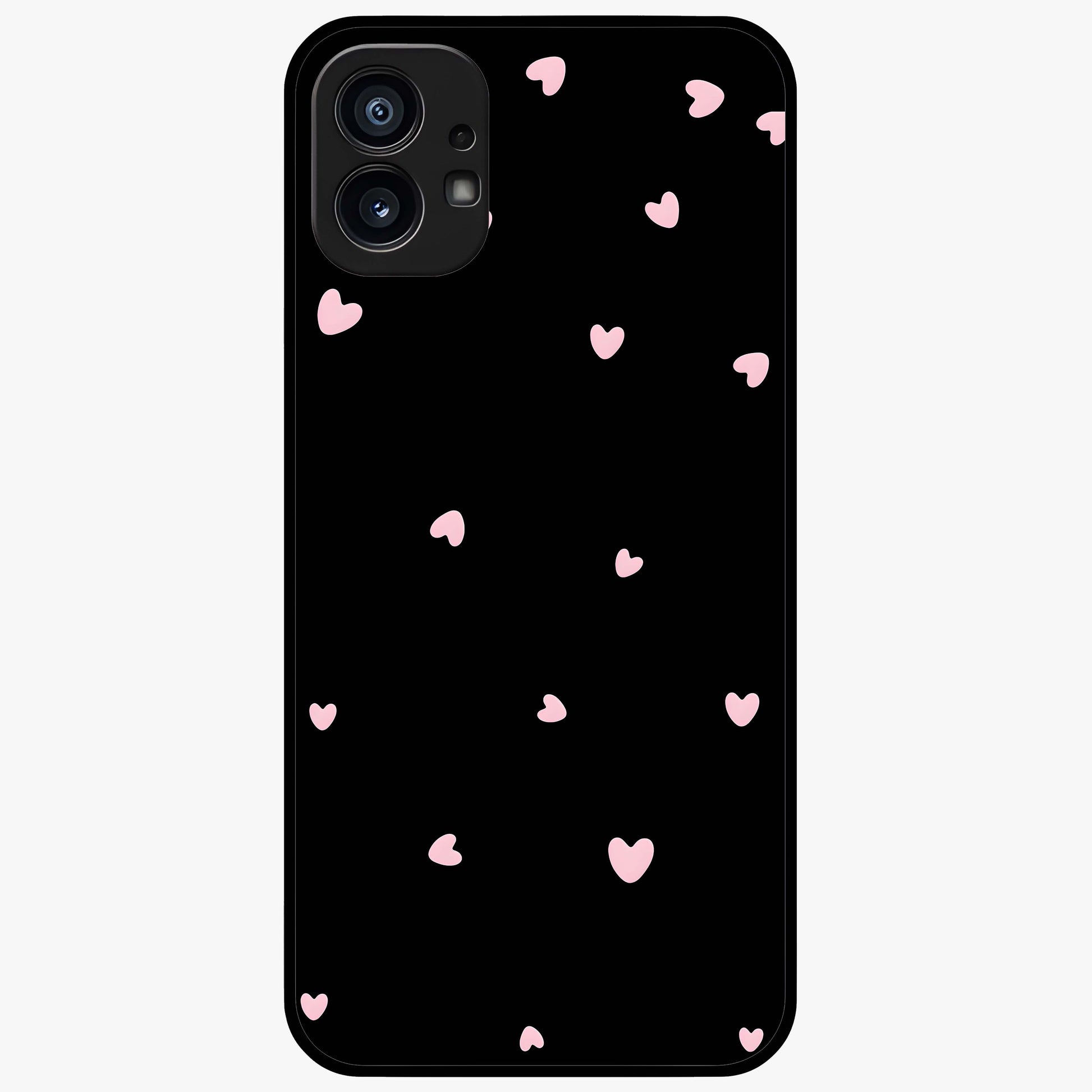 Pink Love Drops Glass Case showing flat back view with playful pink heart drops artwork and glossy glass finish.
