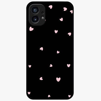 Pink Love Drops Glass Case showing flat back view with playful pink heart drops artwork and glossy glass finish.