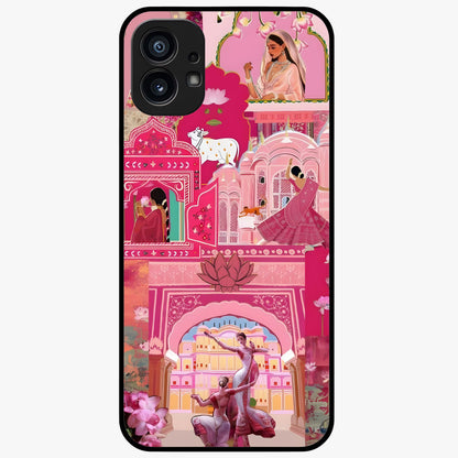 Pink Palace Muse Glass Case showing flat back view with elegant palace inspired artwork and glossy glass finish.