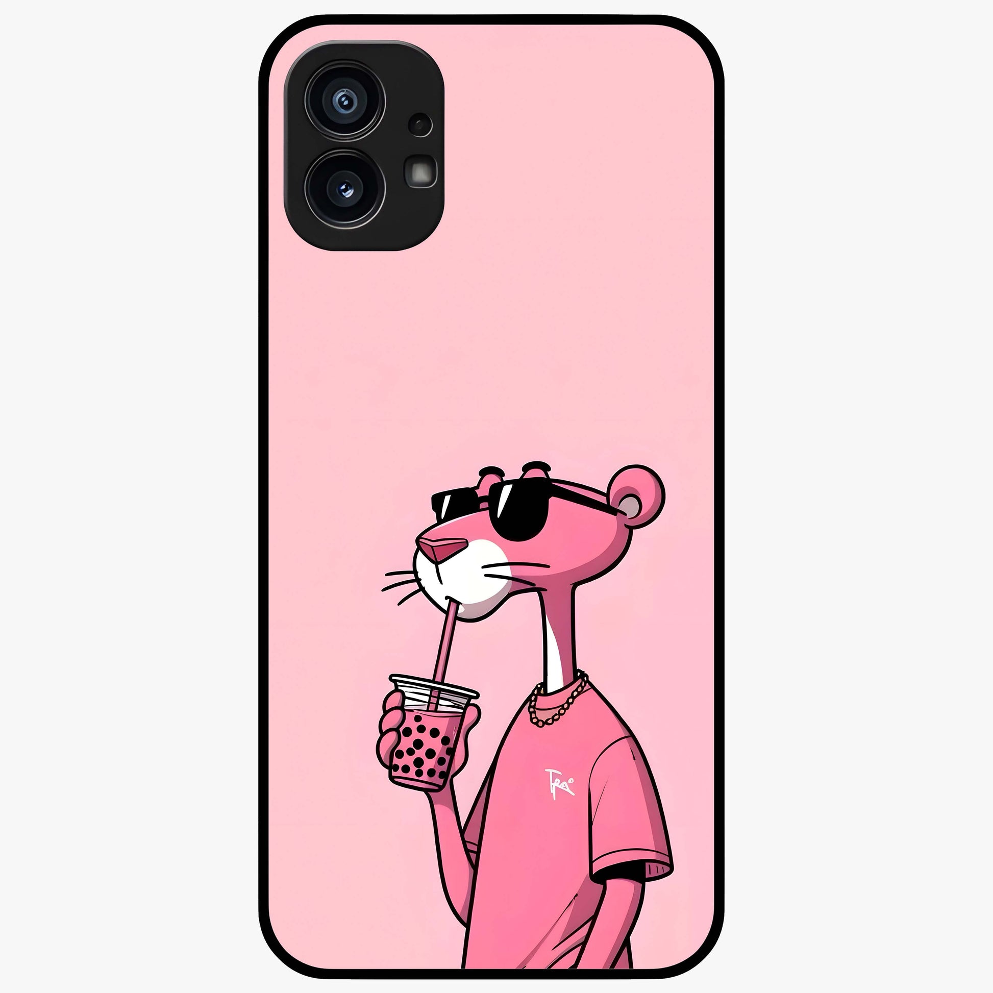 Pink Panther Glass Case showing flat back view with iconic pink panther artwork and glossy glass finish.
