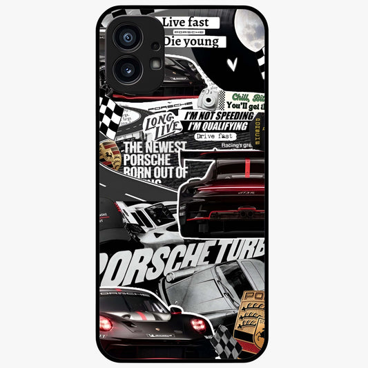 Porsche Racing Collage Glass Case showing flat back view with sports car racing collage artwork and glossy glass finish.