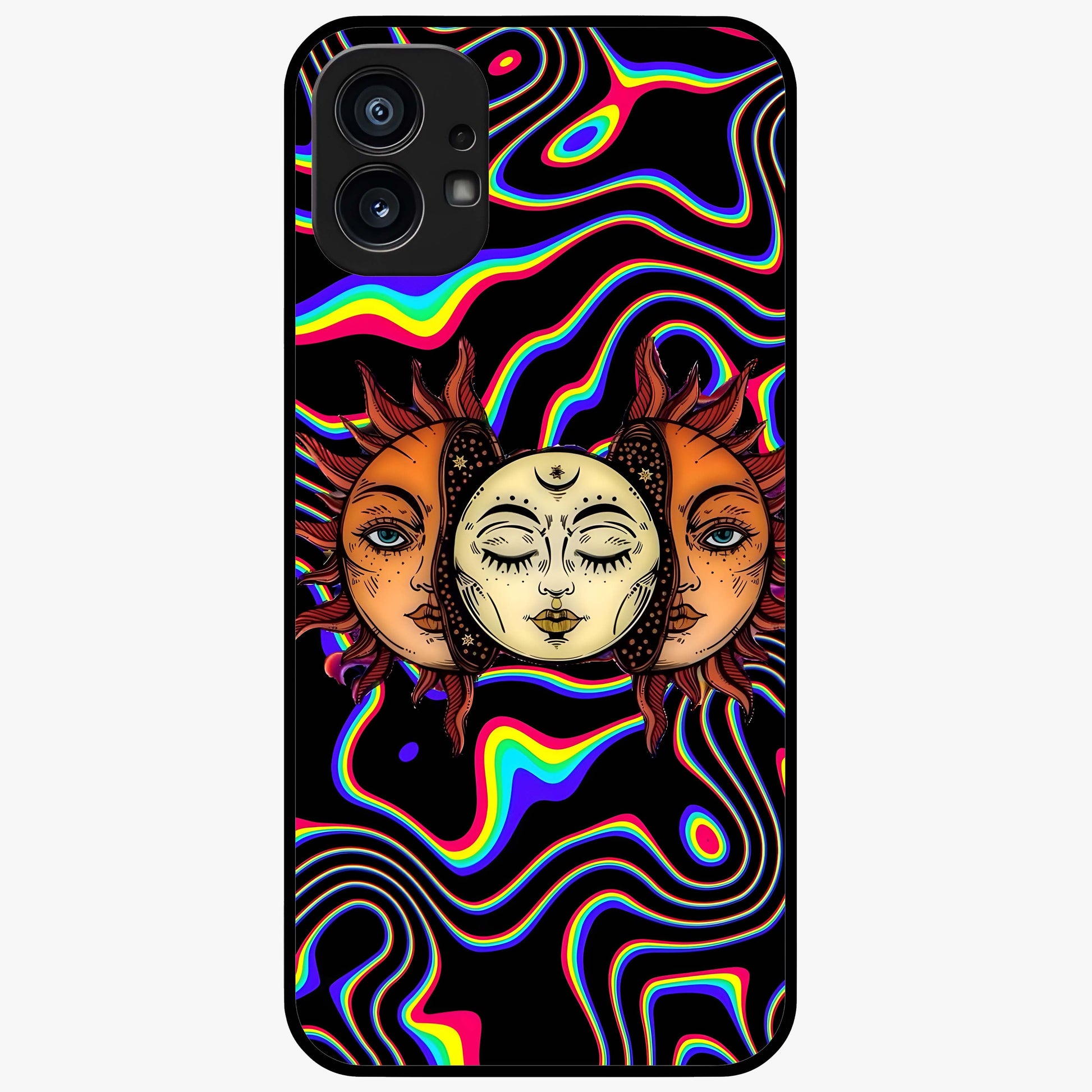 Psychedelic Sun Glass Case showing flat back view with colorful psychedelic sun artwork and glossy glass finish.