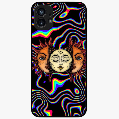 Psychedelic Sun Glass Case showing flat back view with colorful psychedelic sun artwork and glossy glass finish.