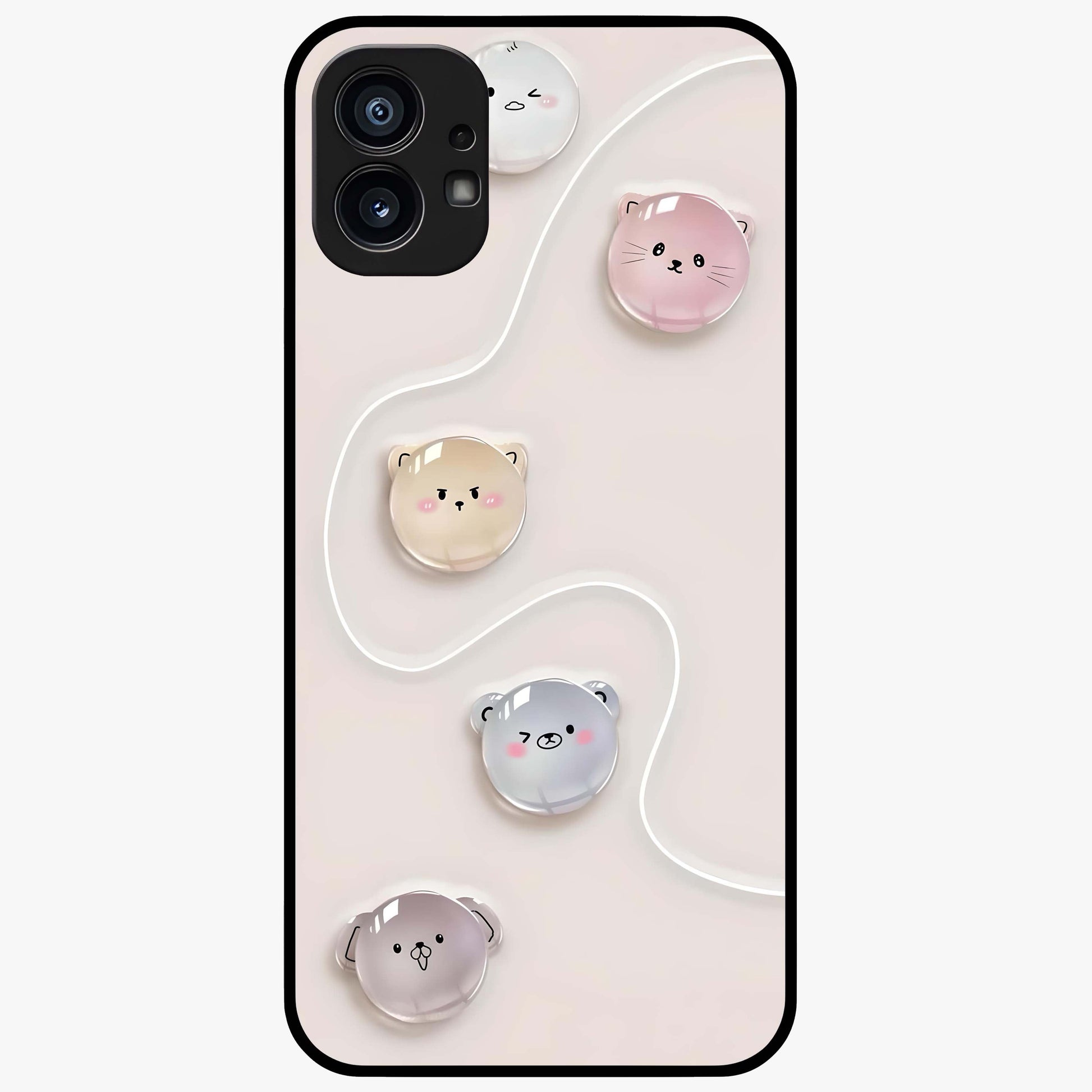 Puffy Face Parade Glass Case showing flat back view with cute puffy character faces artwork and glossy glass finish.