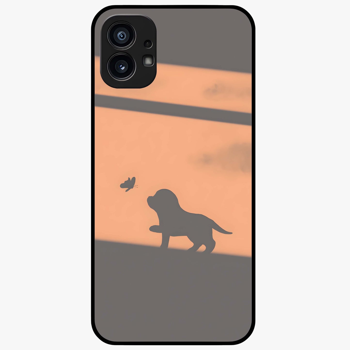 Puppy Shadow Art Glass Case showing flat back view with cute puppy shadow style artwork and glossy glass finish.