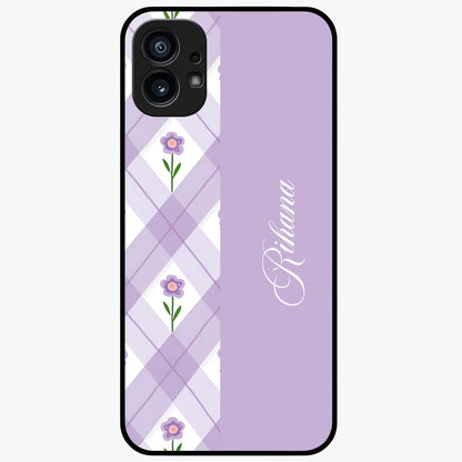 Purple Diamond Floral Glass Case showing flat back view with diamond shaped floral artwork and glossy glass finish.