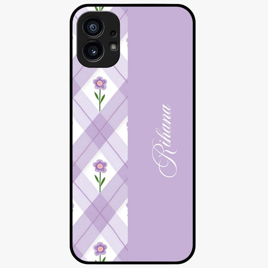 Purple Diamond Floral Glass Case showing flat back view with diamond shaped floral artwork and glossy glass finish.