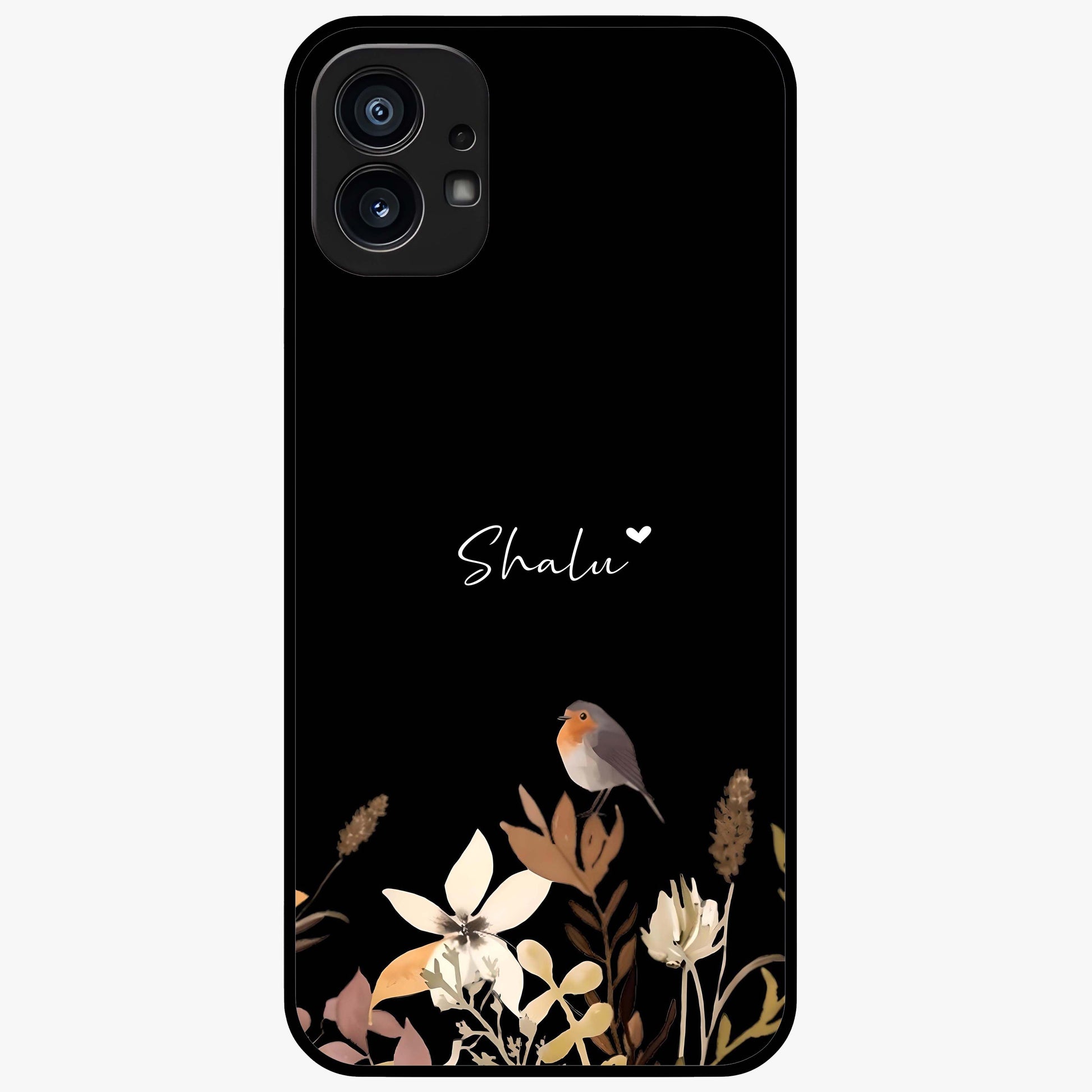 Quiet Garden Tune Custom Name Glass Case showing flat back view with peaceful garden artwork and personalized name design.