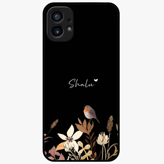 Quiet Garden Tune Custom Name Glass Case showing flat back view with peaceful garden artwork and personalized name design.
