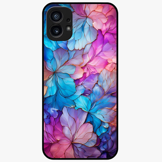 Radiant Floral Whirl Glass Case showing flat back view with swirling floral artwork and glossy glass finish.