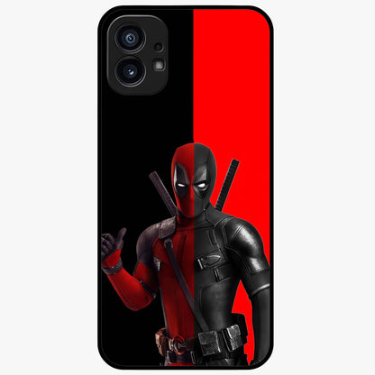 Red & Black Deadpool Theme Glass Case showing flat back view with bold comic inspired artwork and glossy glass finish.