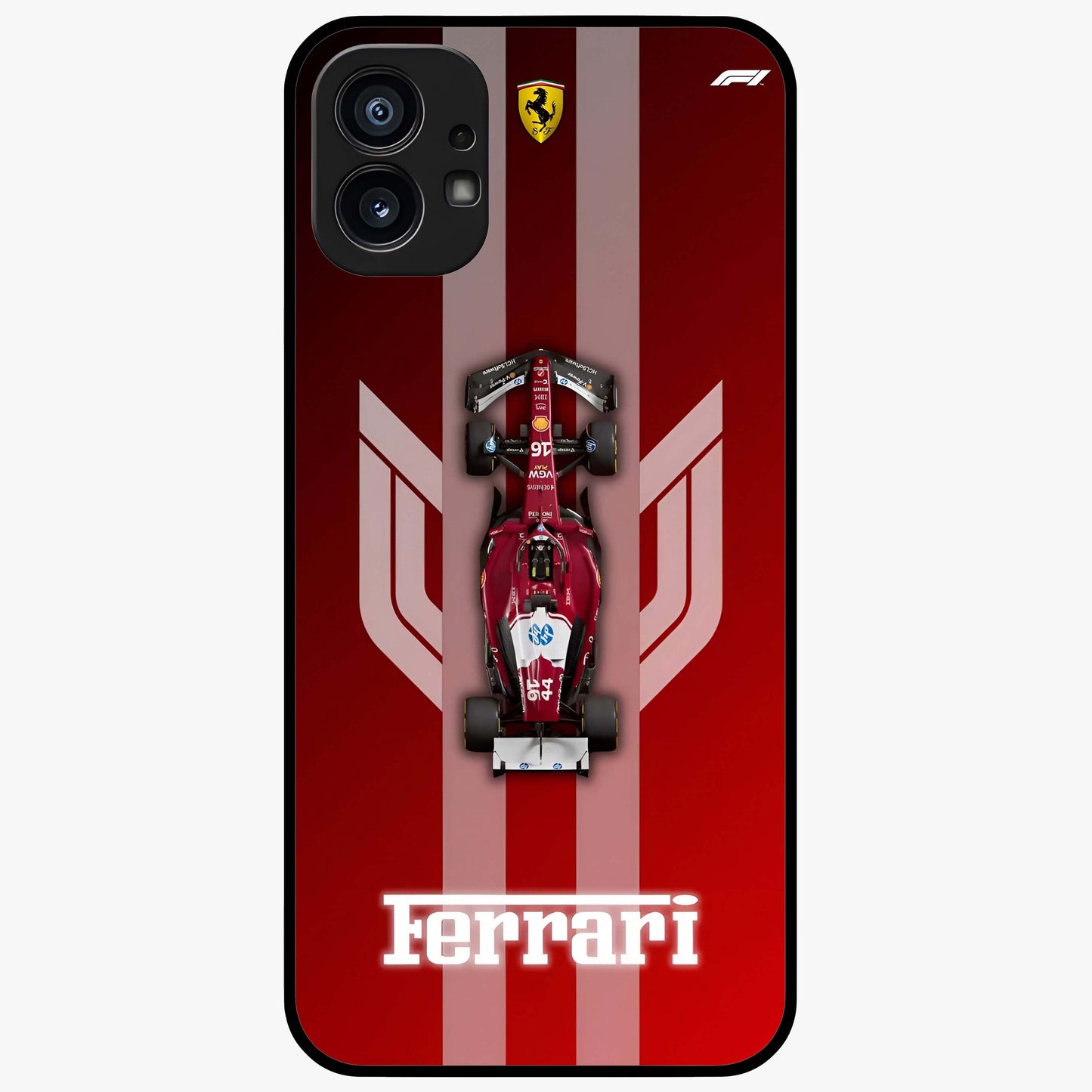 Red Ferrari F1 Vertical Glass Case showing flat back view with sleek Formula racing car artwork and glossy glass finish.
