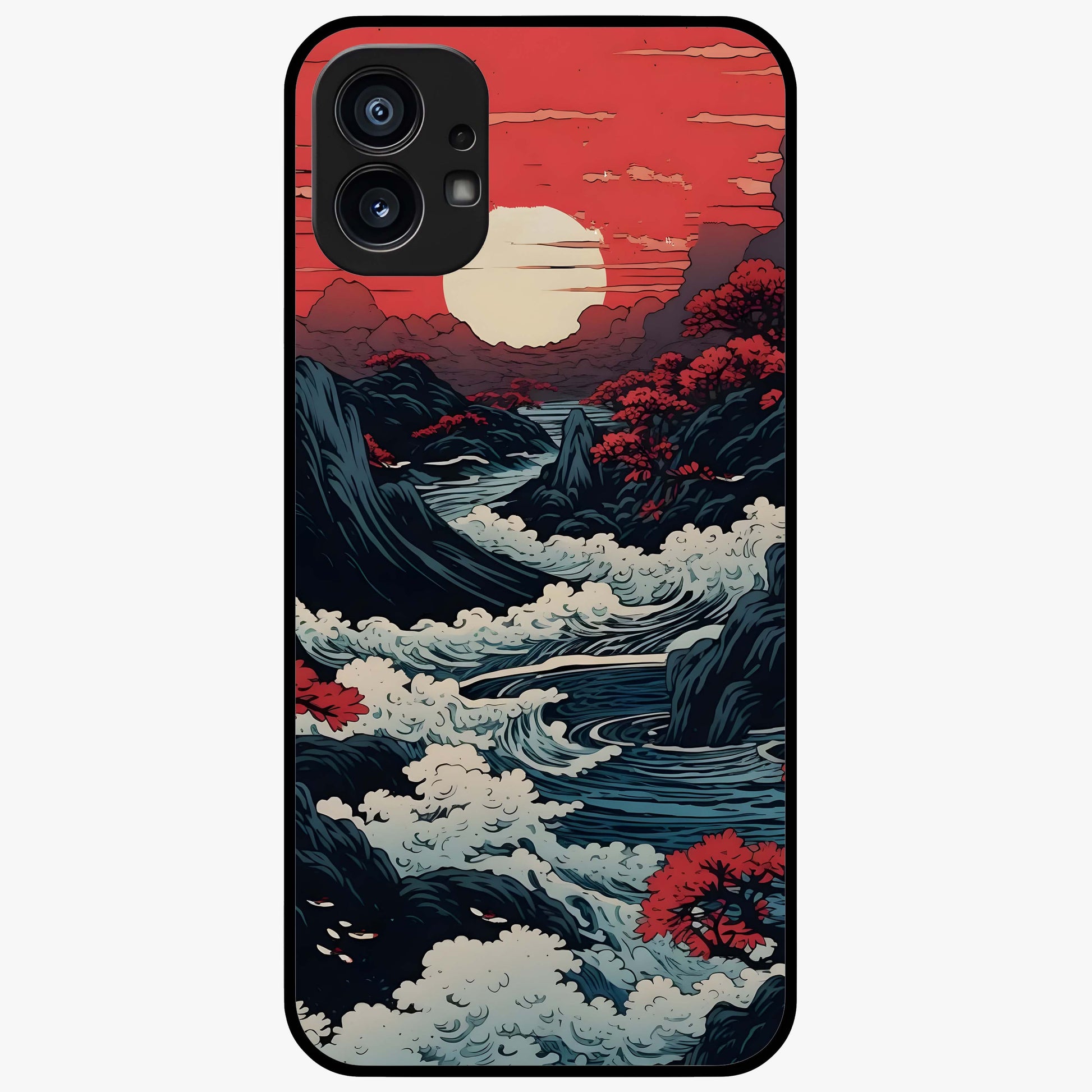Red Sunset Scenery Glass Case showing flat back view with vibrant sunset landscape artwork and glossy glass finish.