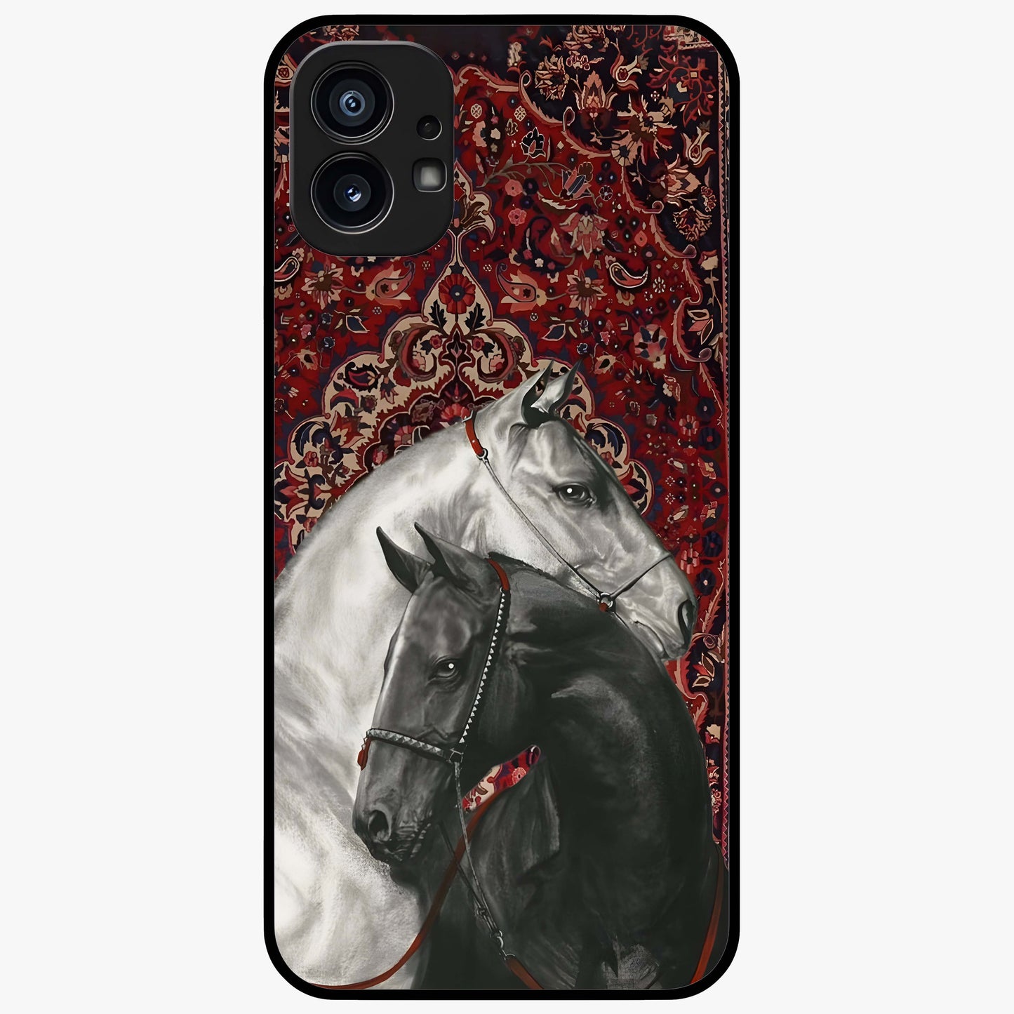 Regal Stallion Tapestry Glass Case showing flat back view with majestic horse tapestry artwork and glossy glass finish.