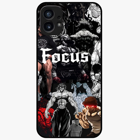 Relentless Power Focus Glass Case showing flat back view with motivational typography artwork and glossy glass finish.