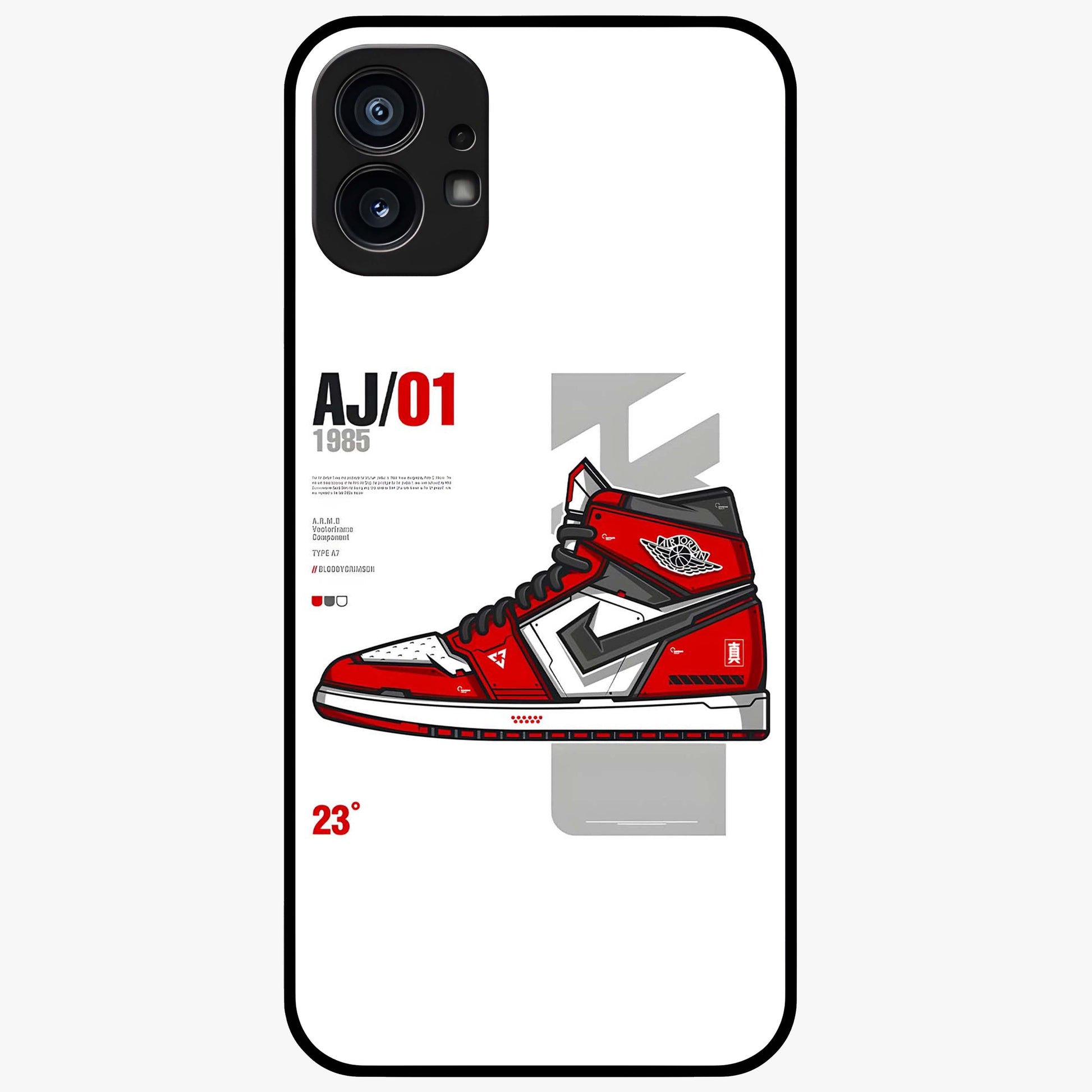 Retro Sneaker Blueprint Glass Case showing flat back view with sneaker blueprint style artwork and glossy glass finish.