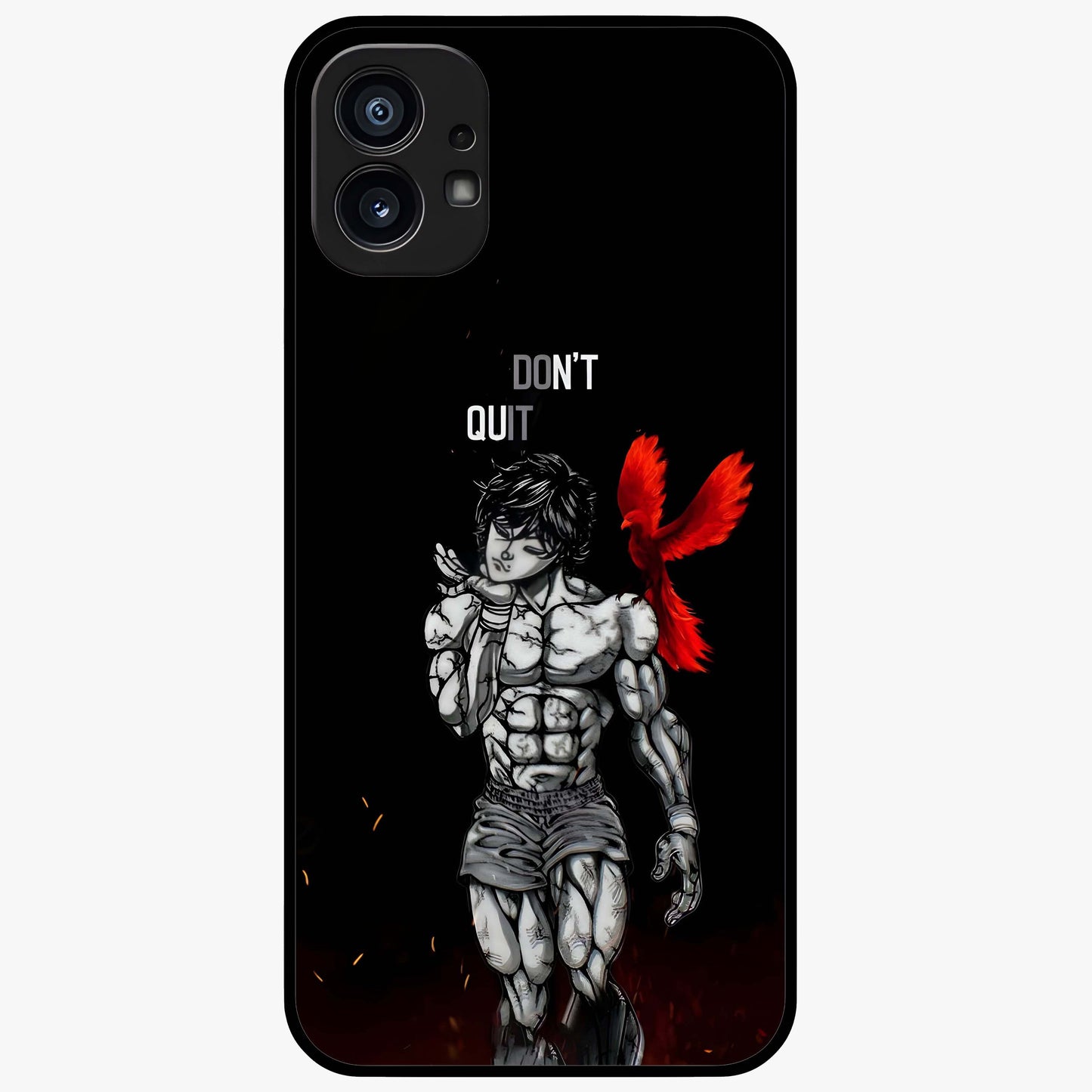 Rise Beyond Limits Glass Case showing flat back view with motivational typography artwork and glossy glass finish.
