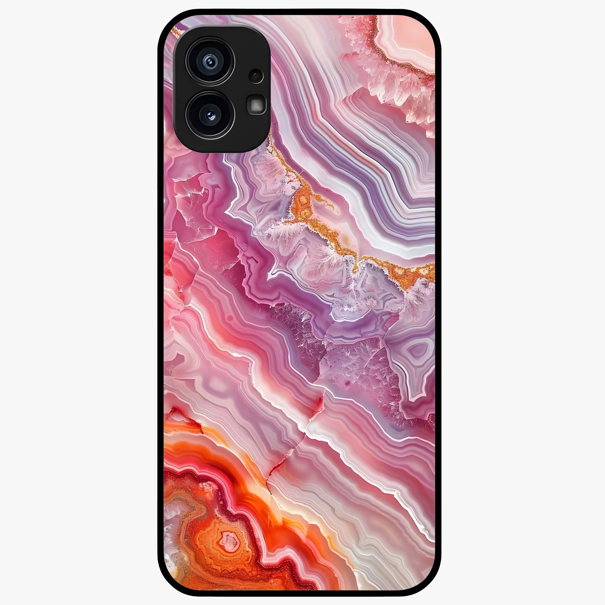 Rose Quartz Marble Glass Case showing flat back view with pink marble quartz texture artwork and glossy glass finish.