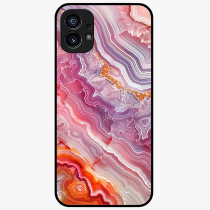 Rose Quartz Marble Glass Case showing flat back view with pink marble quartz texture artwork and glossy glass finish.