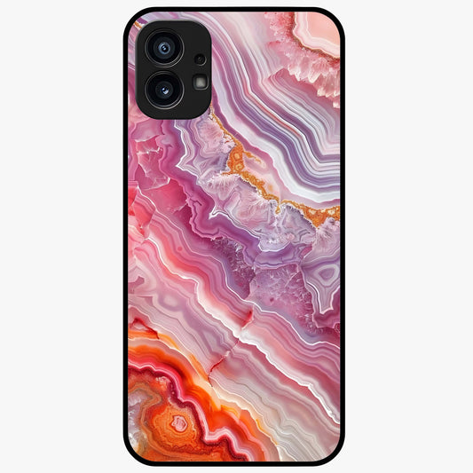 Rose Quartz Marble Glass Case showing flat back view with pink marble quartz texture artwork and glossy glass finish.