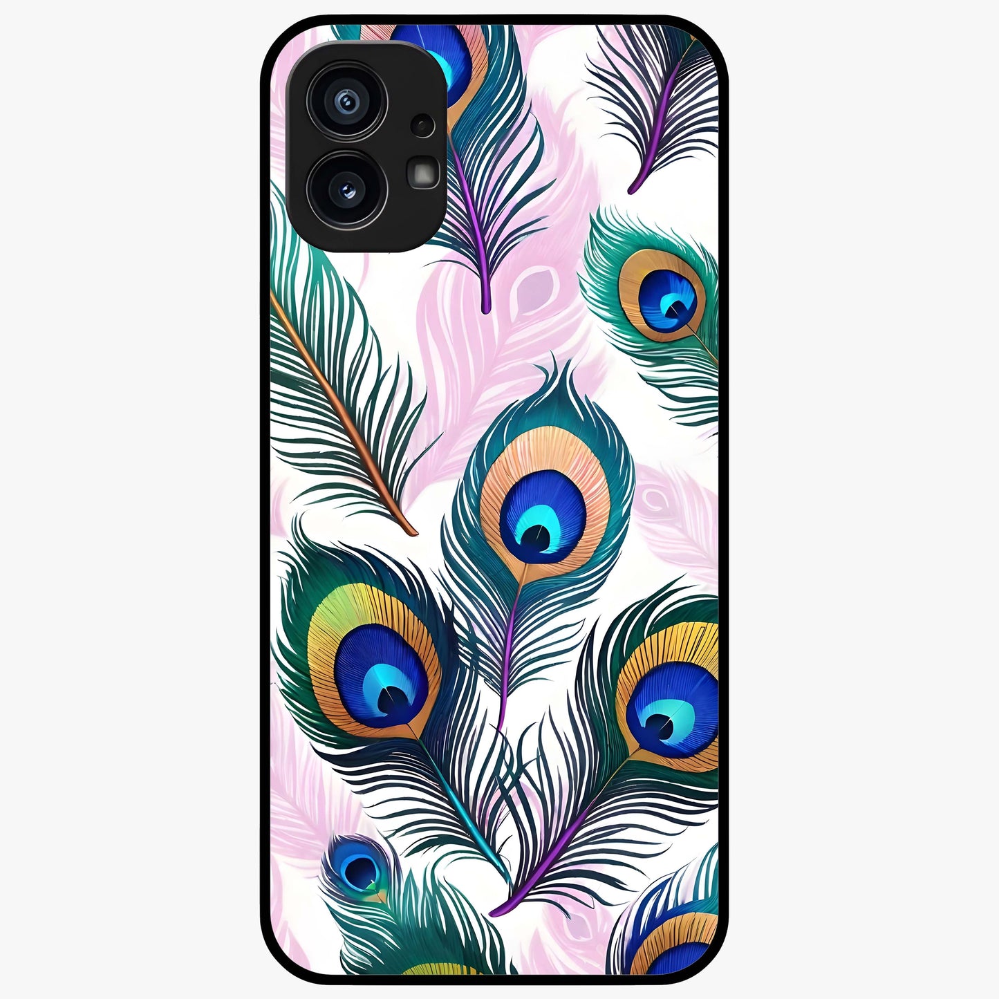 Royal Peacock Feathers Glass Case showing flat back view with colorful peacock feather artwork and glossy glass finish.