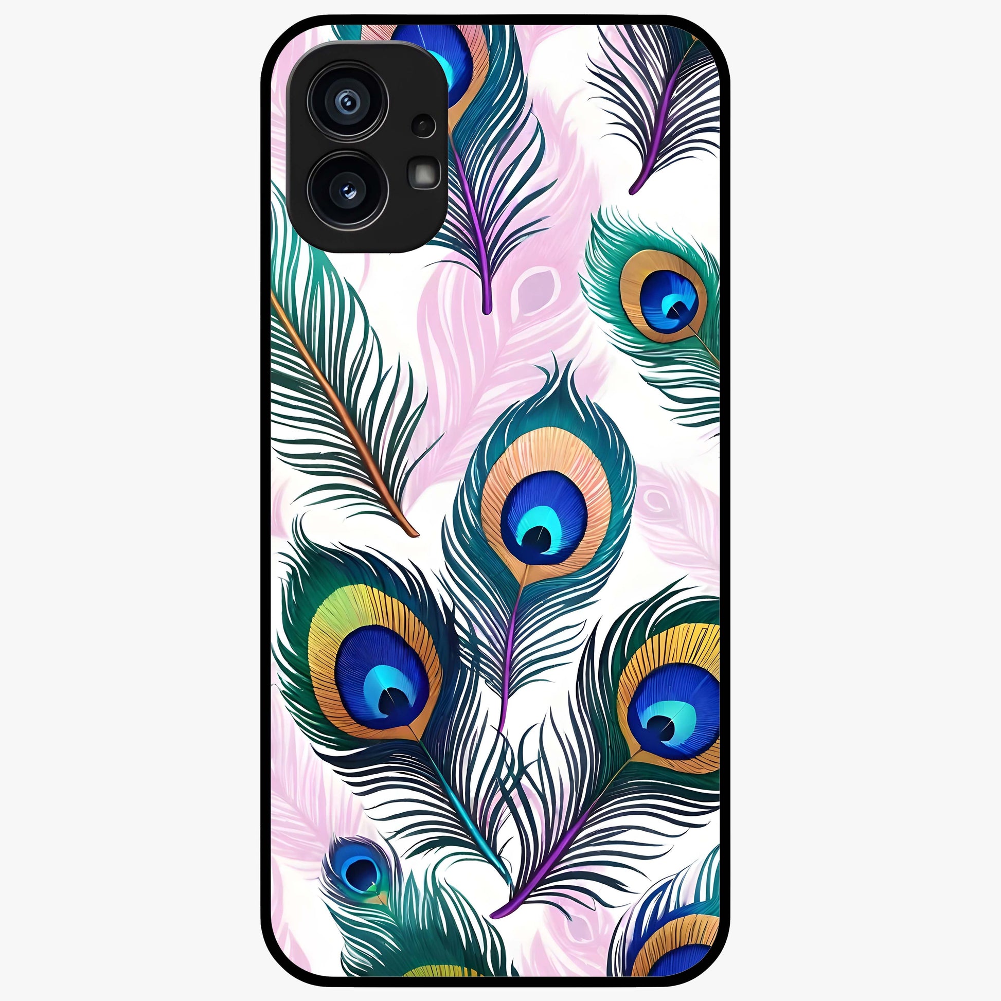 Royal Peacock Feathers Glass Case showing flat back view with colorful peacock feather artwork and glossy glass finish.
