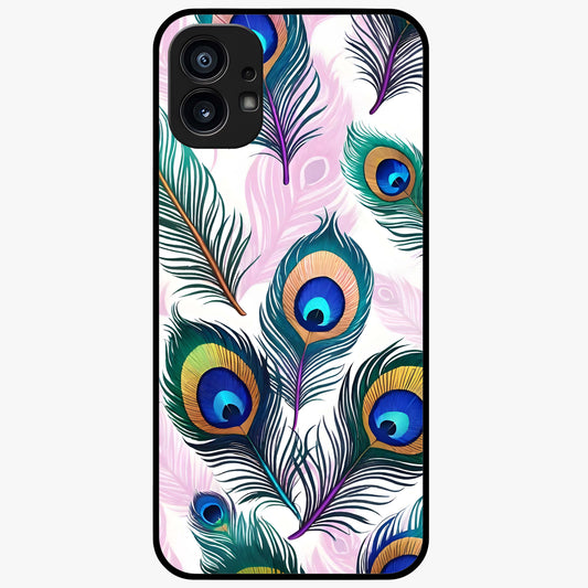 Royal Peacock Feathers Glass Case showing flat back view with colorful peacock feather artwork and glossy glass finish.