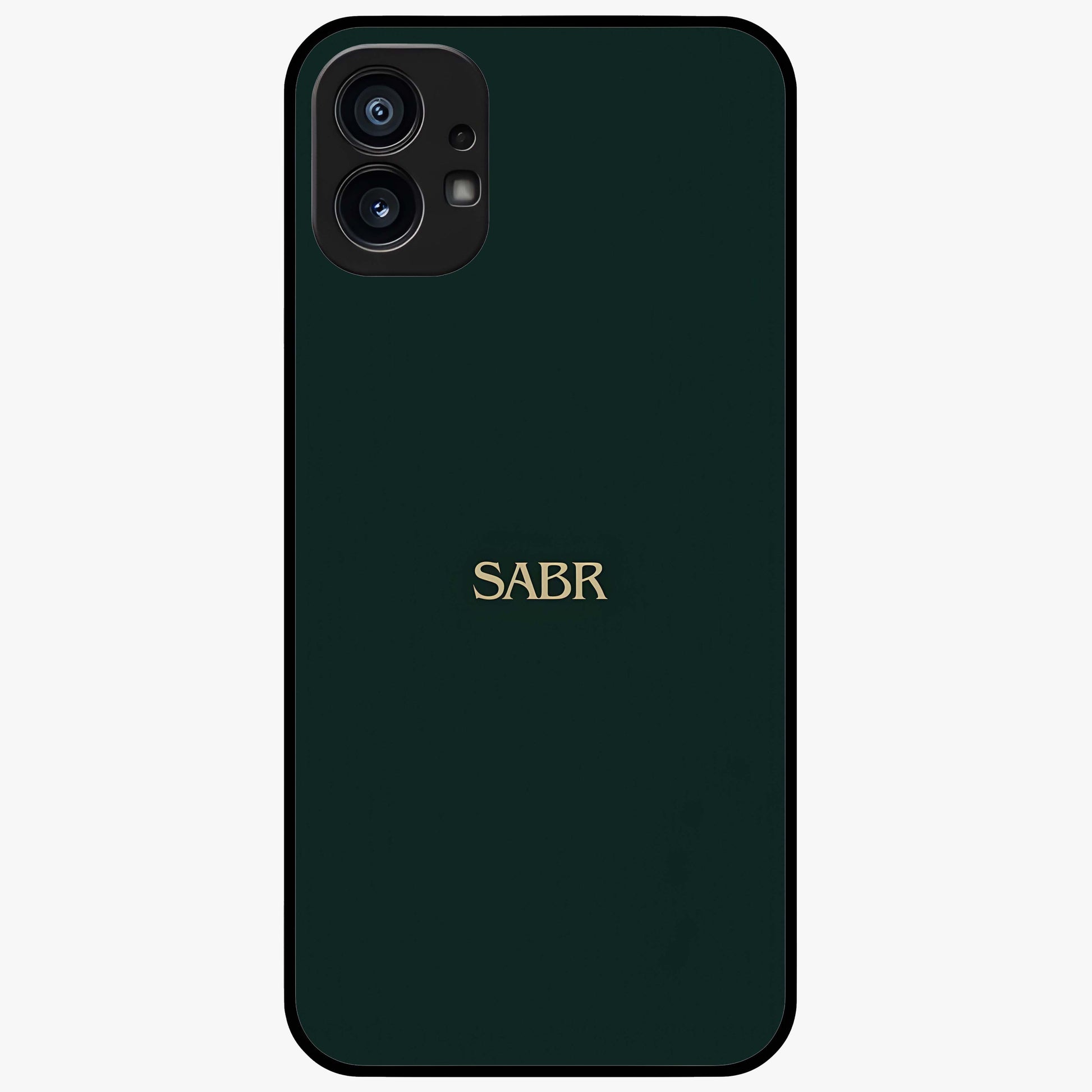 Sabr Minimal Patience Glass Case showing flat back view with minimalist typography artwork and glossy glass finish.