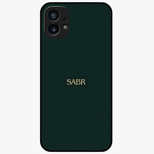 Sabr Minimal Patience Glass Case showing flat back view with minimalist typography artwork and glossy glass finish.