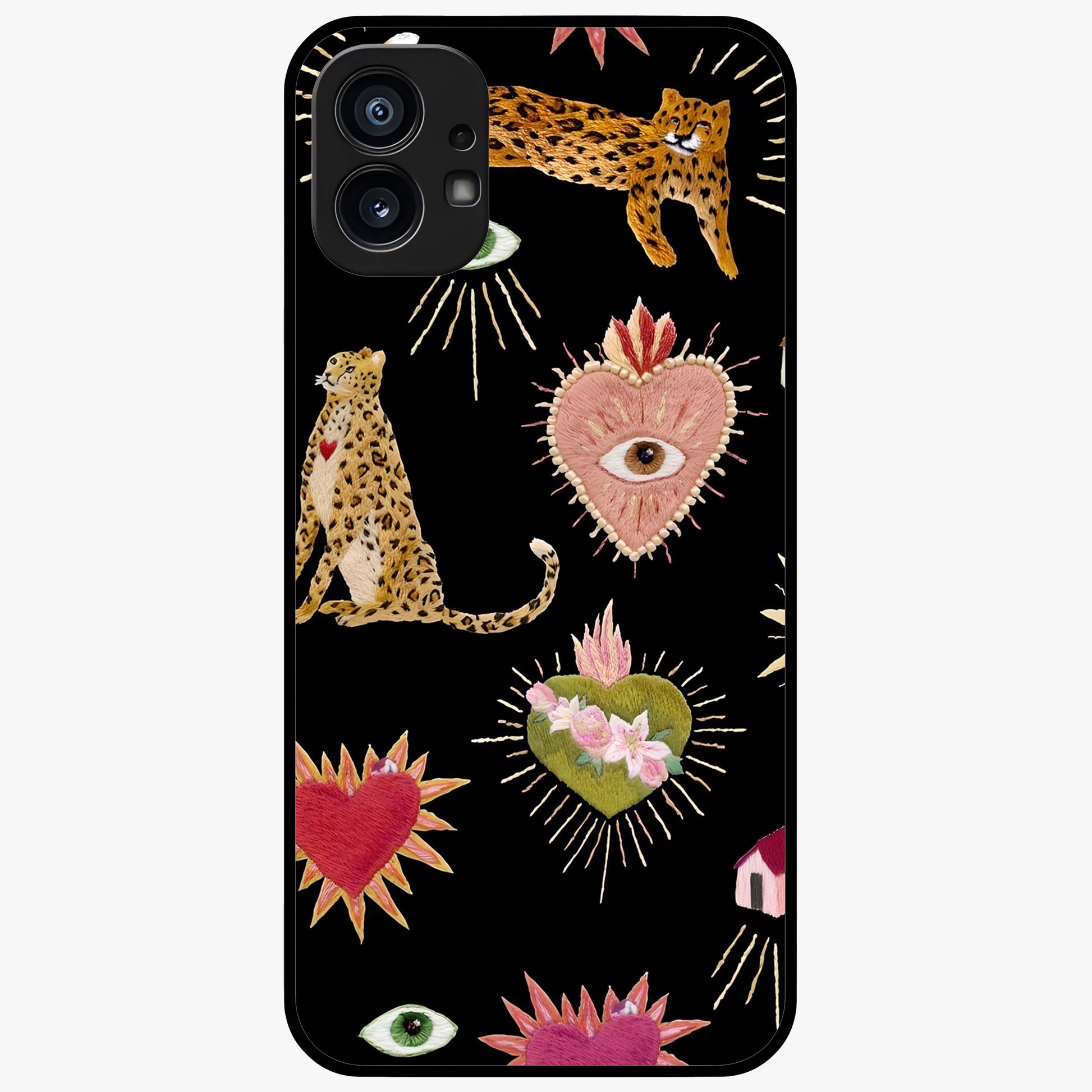 Sacred Jungle Heart Glass Case showing flat back view with jungle inspired heart artwork and glossy glass finish.