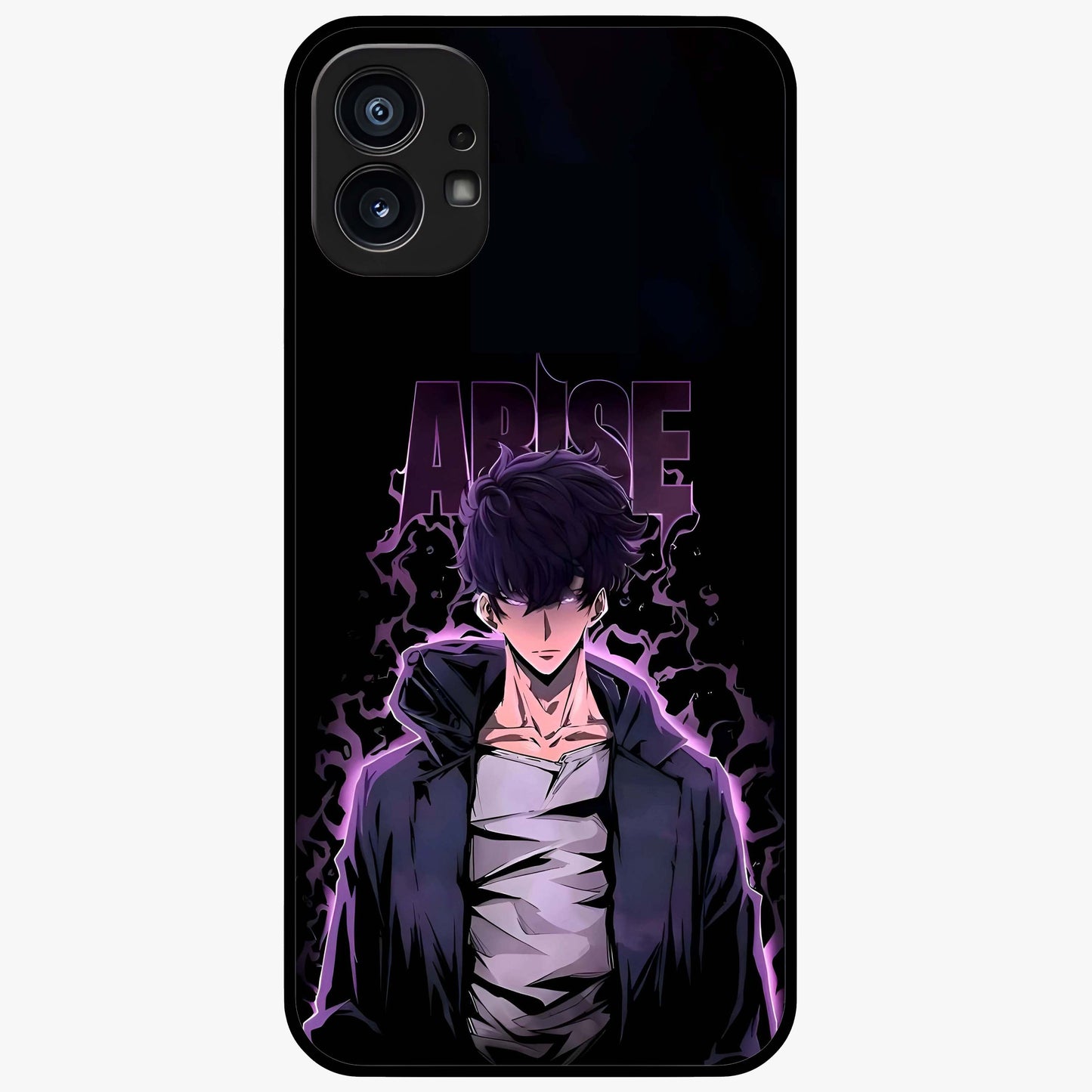 Shadow Monarch Awakening Glass Case showing flat back view with powerful dark monarch themed artwork and glossy glass finish.