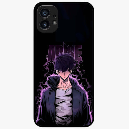 Shadow Monarch Awakening Glass Case showing flat back view with powerful dark monarch themed artwork and glossy glass finish.
