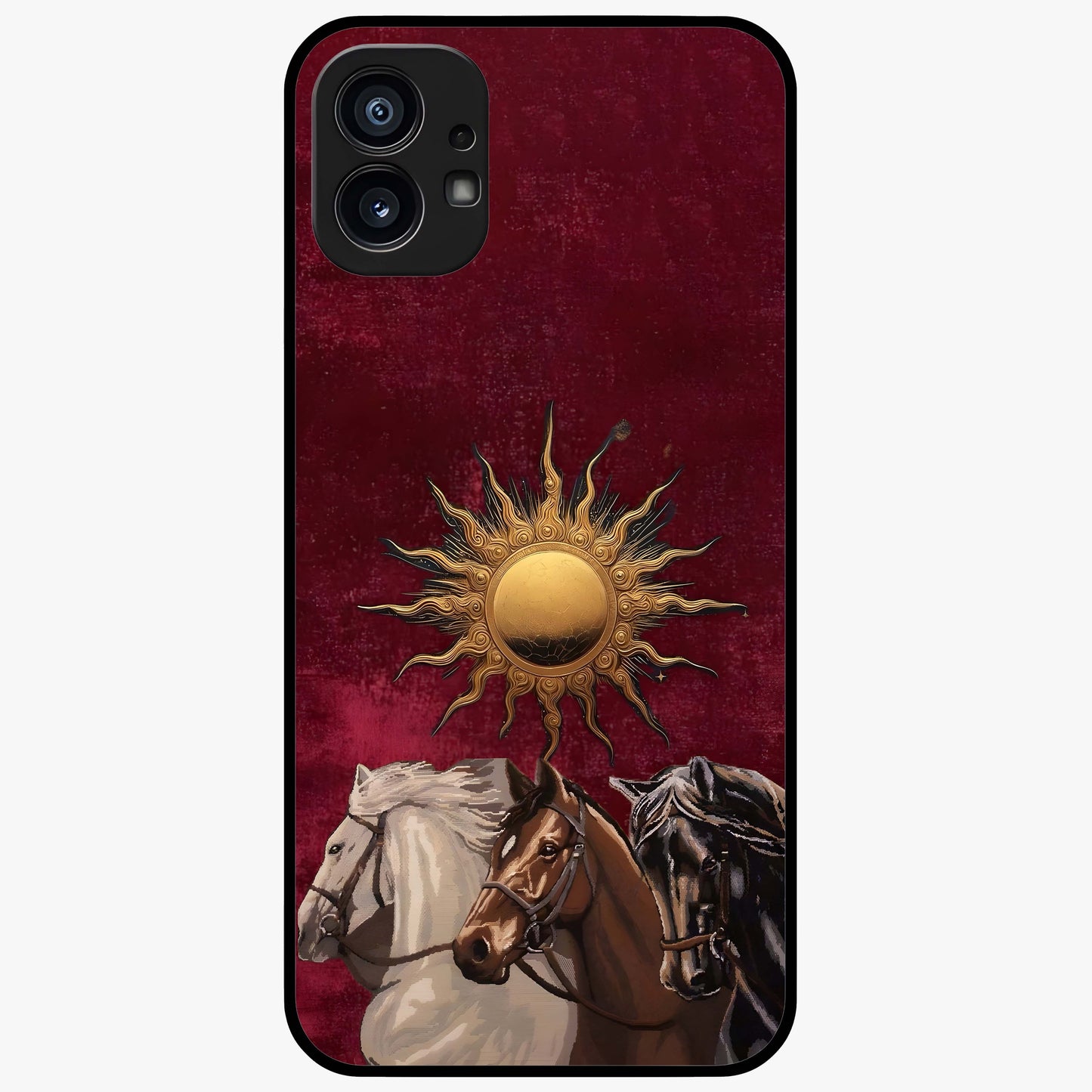 Solar Riders Glass Case showing flat back view with dynamic rider themed artwork and glossy glass finish.