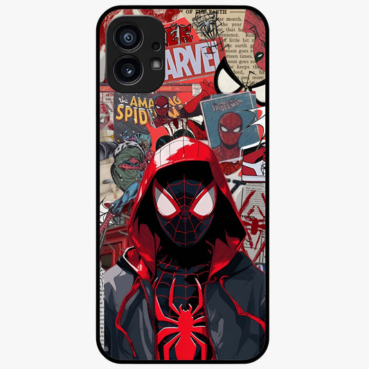 Spider Collage Street Glass Case showing flat back view with vibrant superhero collage artwork and glossy glass finish.