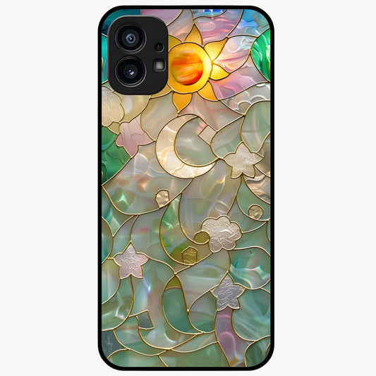 Stained Sunrise Glow Glass Case showing flat back view with glowing sunrise stained pattern artwork and glossy glass finish.