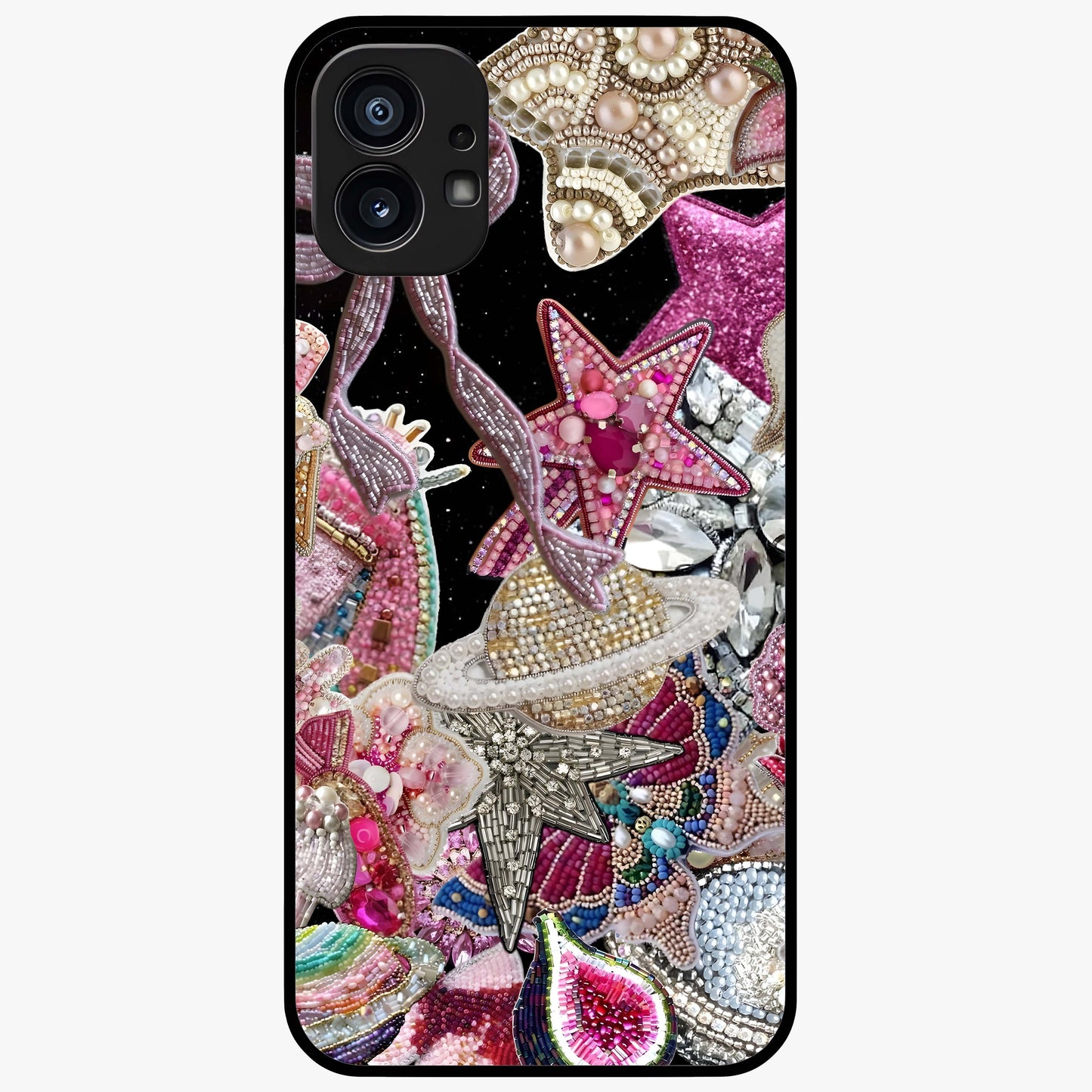 Starlit Jewel Dream Glass Case showing flat back view with sparkling jewel and star themed artwork and glossy glass finish.