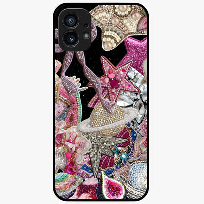 Starlit Jewel Dream Glass Case showing flat back view with sparkling jewel and star themed artwork and glossy glass finish.