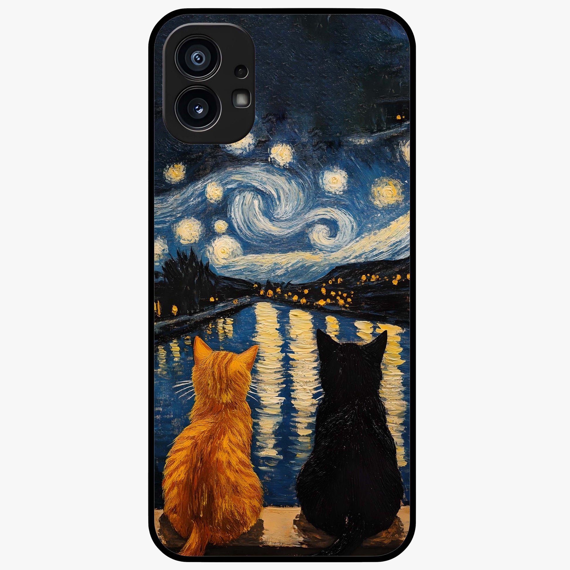 Starry River Cats Glass Case showing flat back view with cats by a starry river artwork and glossy glass finish.