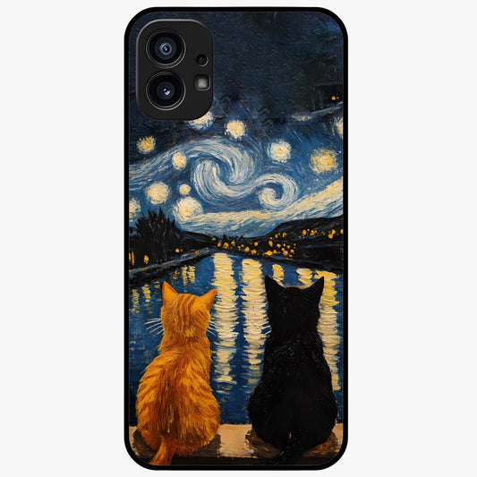 Starry River Cats Glass Case showing flat back view with cats by a starry river artwork and glossy glass finish.