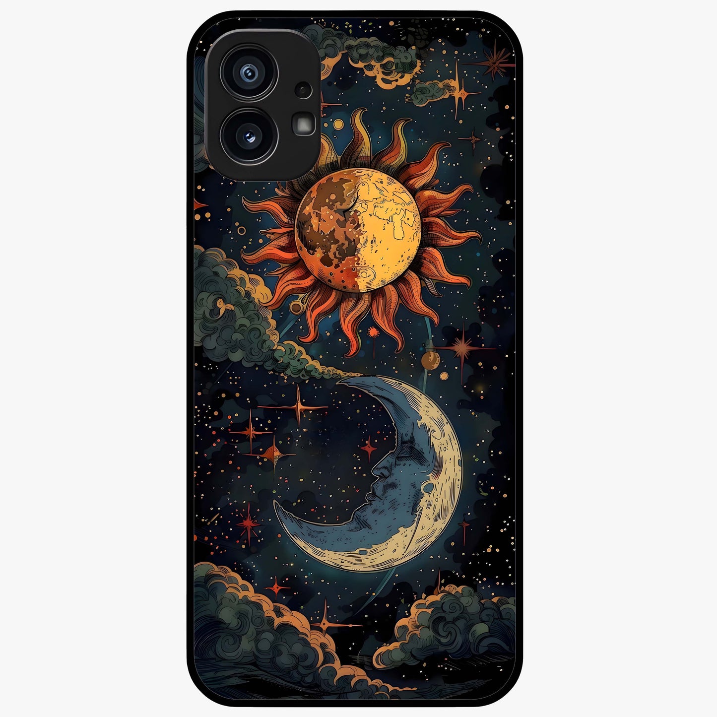 Sun And Moon Magic Design Glass Case showing flat back view with mystical sun and moon artwork and glossy glass finish.