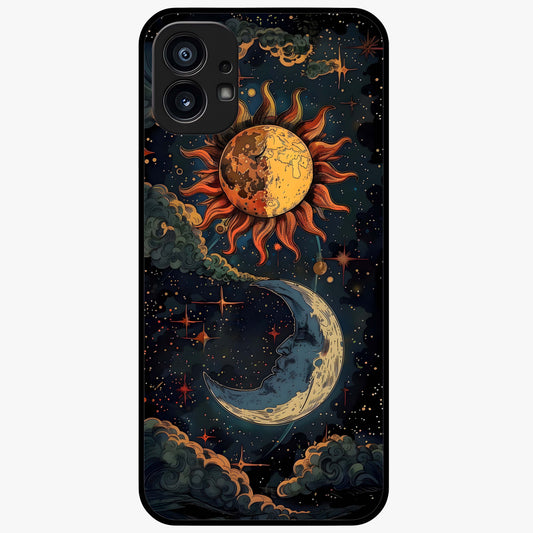 Sun And Moon Magic Design Glass Case showing flat back view with mystical sun and moon artwork and glossy glass finish.