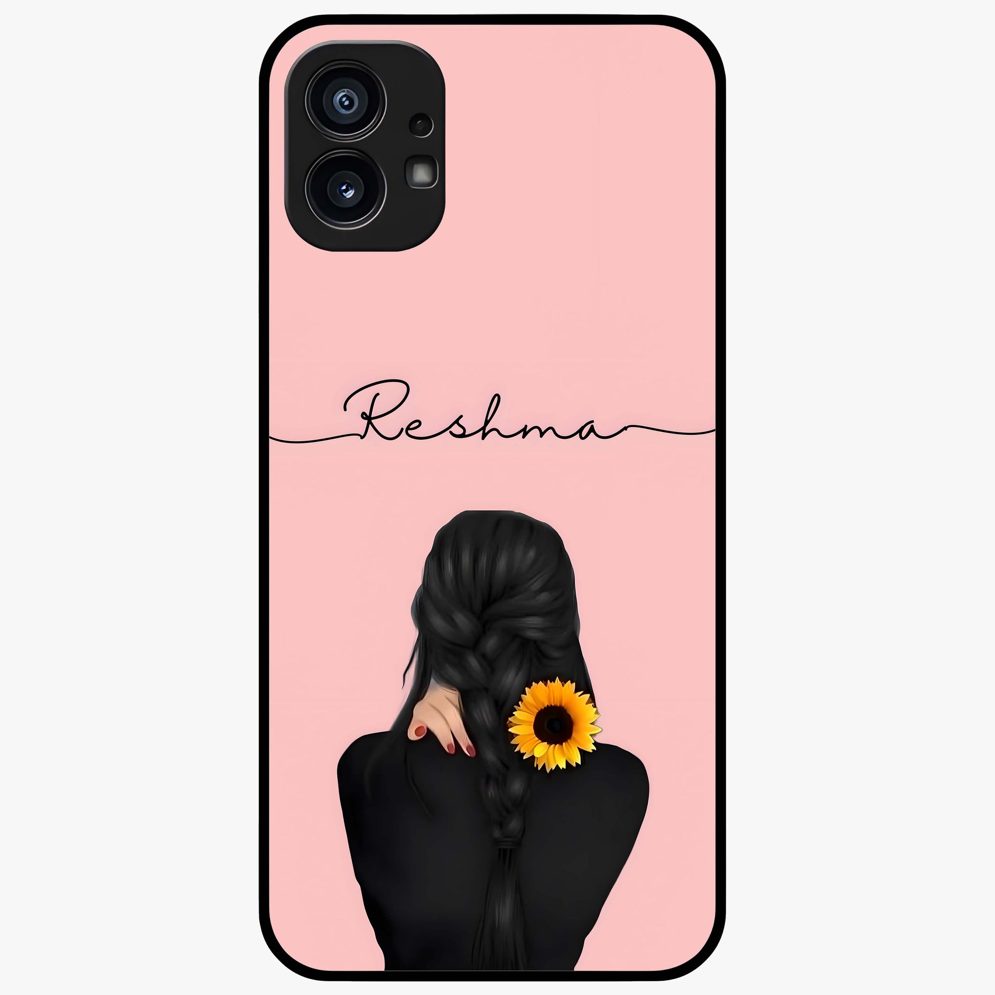 Sunflower Braid Beauty With Custom Name Glass Case showing flat back view with sunflower braid artwork and personalized name design.