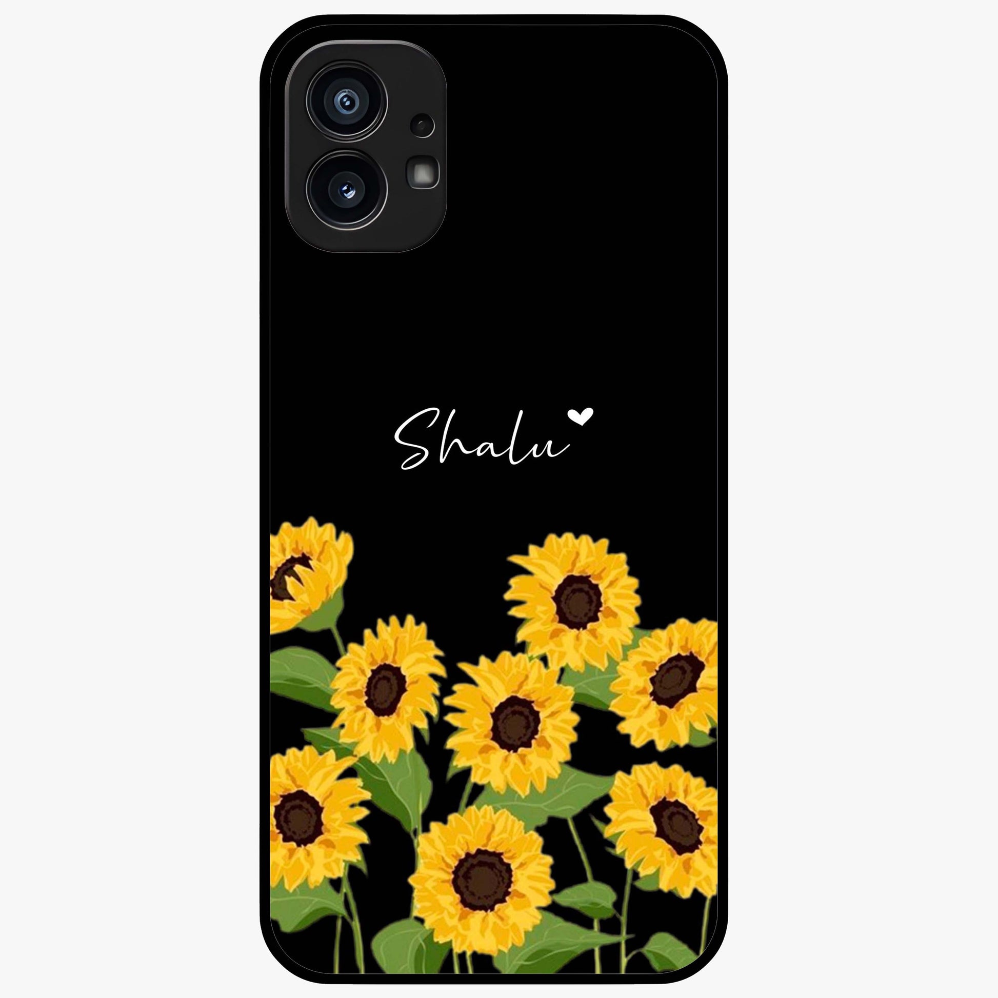 Sunflower Chic Mood Custom Name Glass Case showing flat back view with stylish sunflower artwork and personalized name design.
