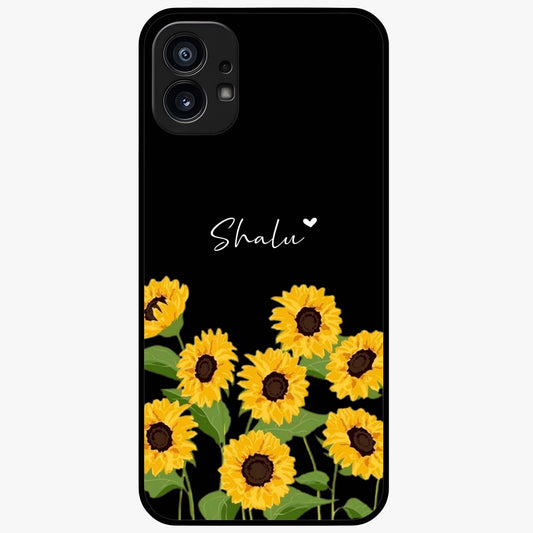 Sunflower Chic Mood Custom Name Glass Case showing flat back view with stylish sunflower artwork and personalized name design.