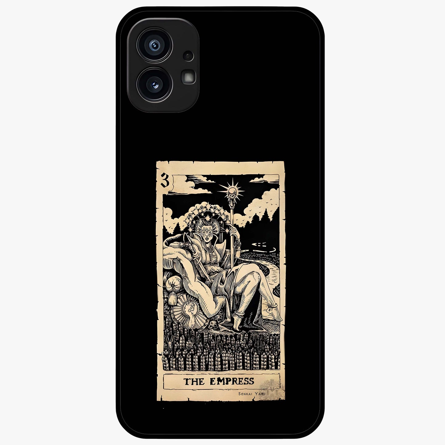 The Empress Glass Case showing flat back view with regal feminine artwork and glossy glass finish.