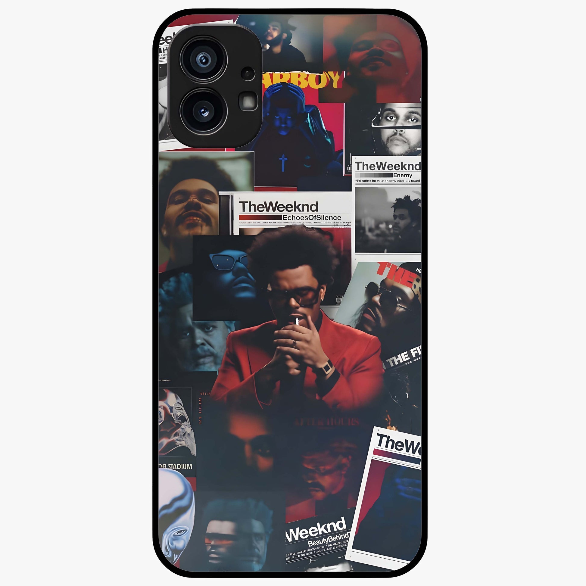 The Weeknd Glass Case showing flat back view with music inspired artistic portrait artwork and glossy glass finish.