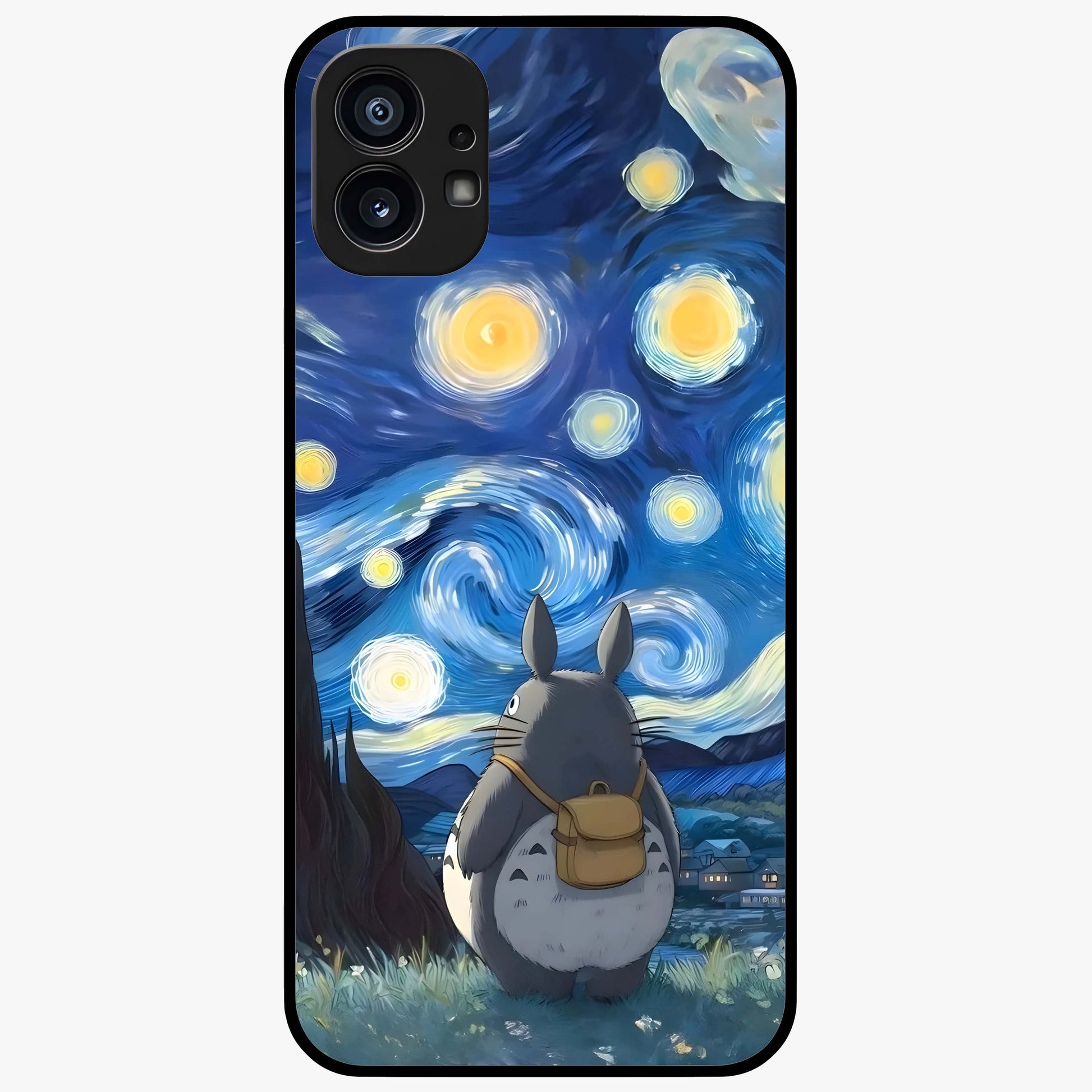 Totoro In Van Gogh Art Glass Case showing flat back view with whimsical character artwork inspired by Van Gogh style and glossy glass finish.
